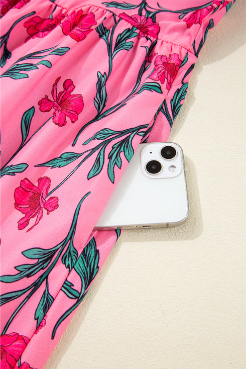 Puff Sleeve Floral Print Contrast Placket Tiered Midi Dress With Pockets